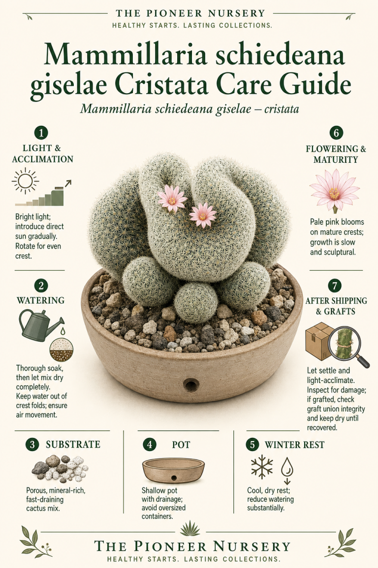Mammillaria schiedeana giselae cristata with fan-shaped crested growth in a bright, mineral cactus substrate