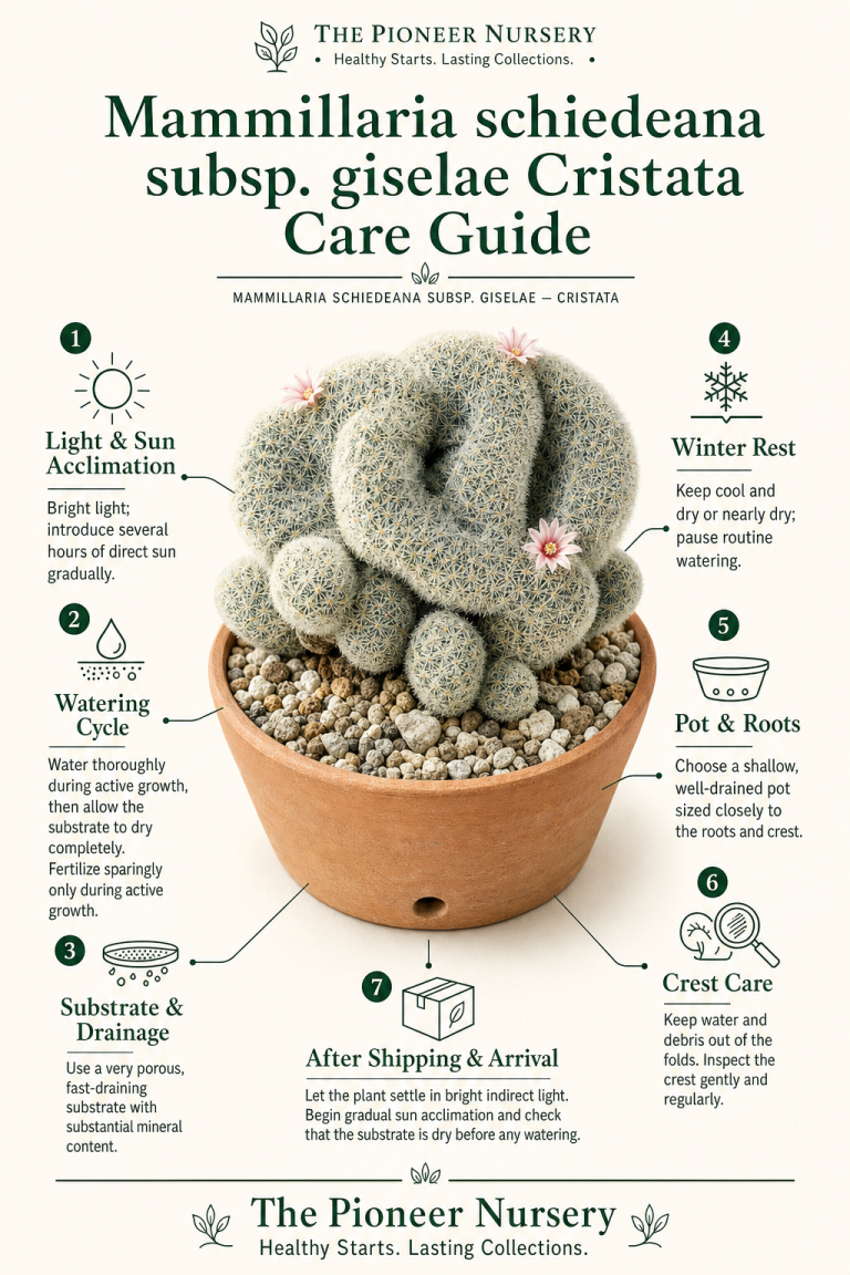 Crested Mammillaria schiedeana subsp. giselae with fan-shaped growth and pink flowers in a vertical cactus care guide layout
