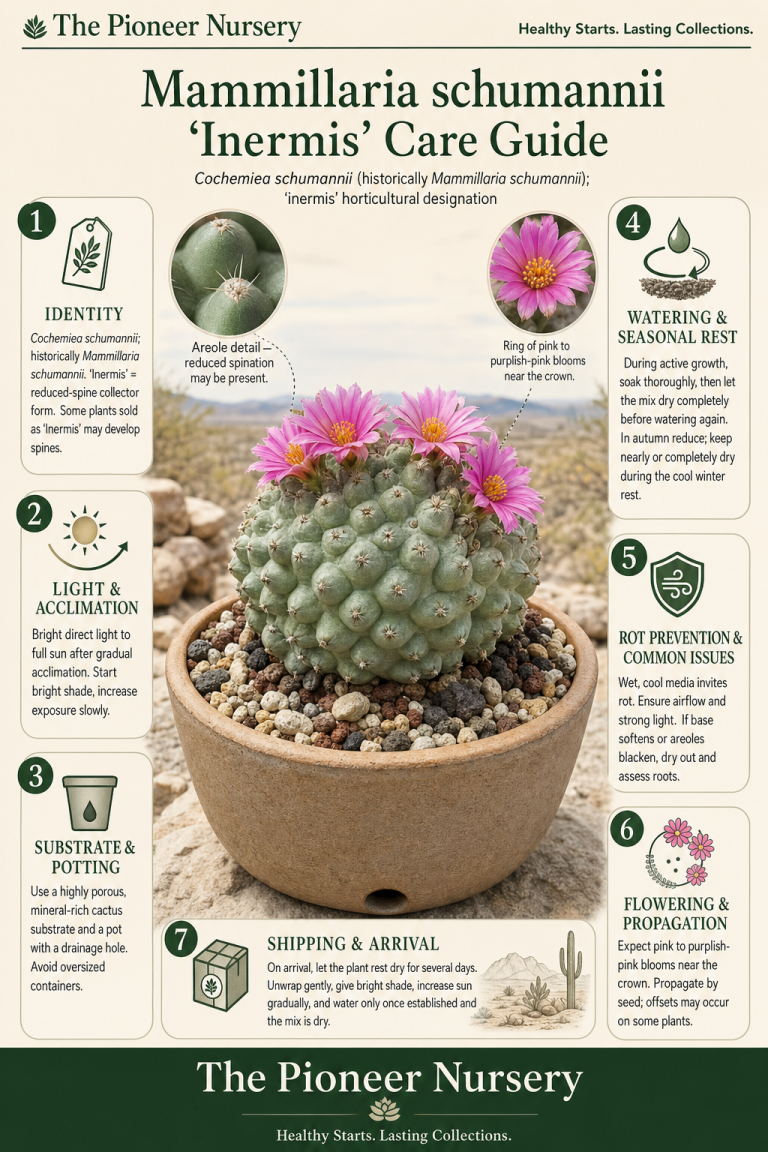 Mammillaria schumannii ‘Inermis’, a reduced-spine-looking Cochemiea schumannii cactus with pink flowers in a vertical care guide.