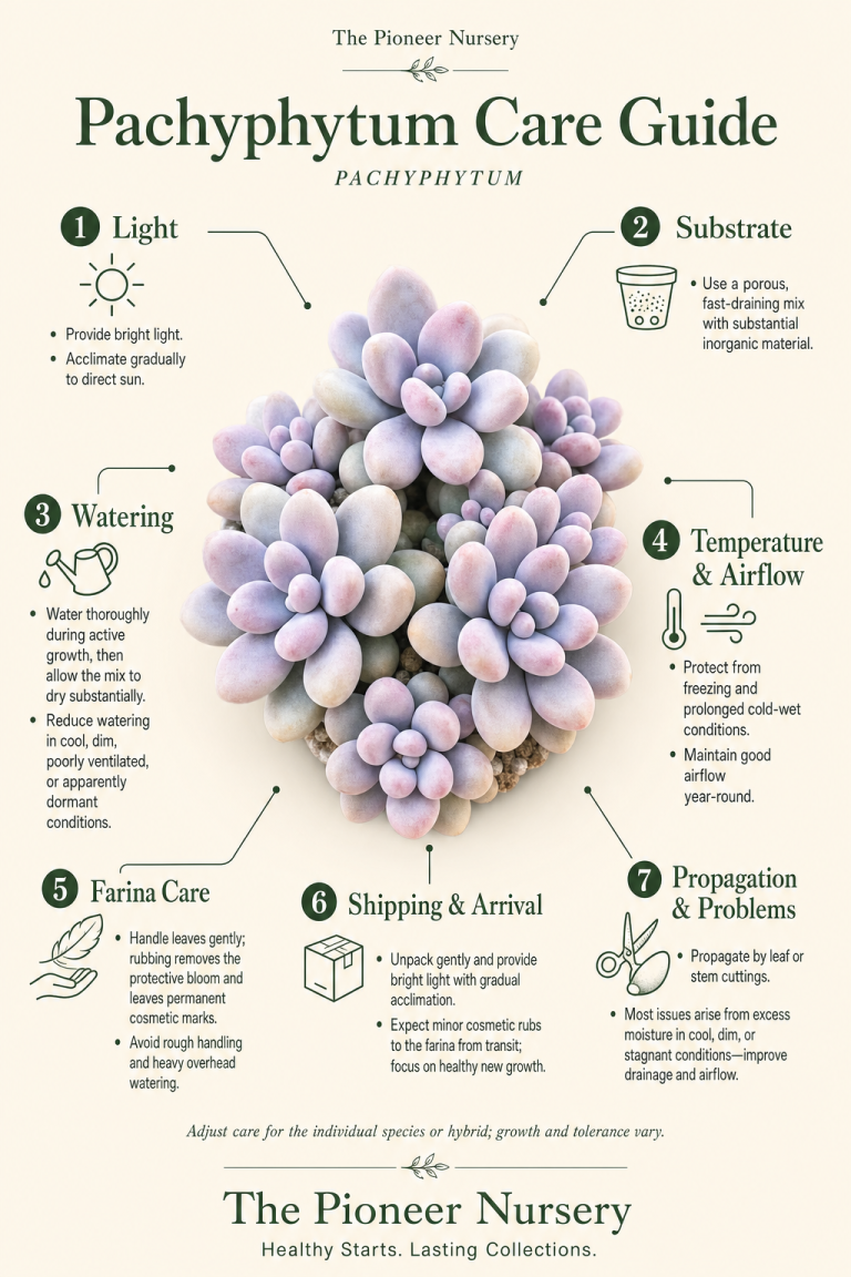 Pachyphytum genus care guide showing farina-covered succulent rosettes and key care practices.