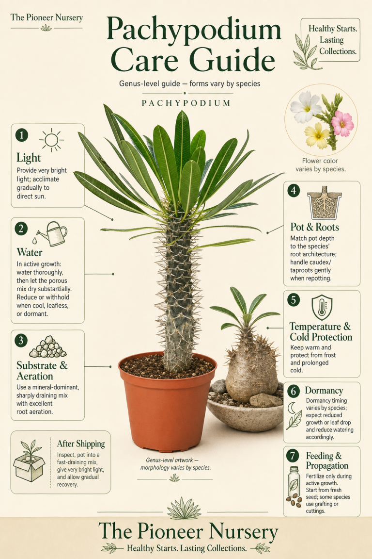 Pachypodium genus care guide showing representative swollen-stem and caudex forms with bright-light, drainage, watering, dormancy, and temperature guidance.