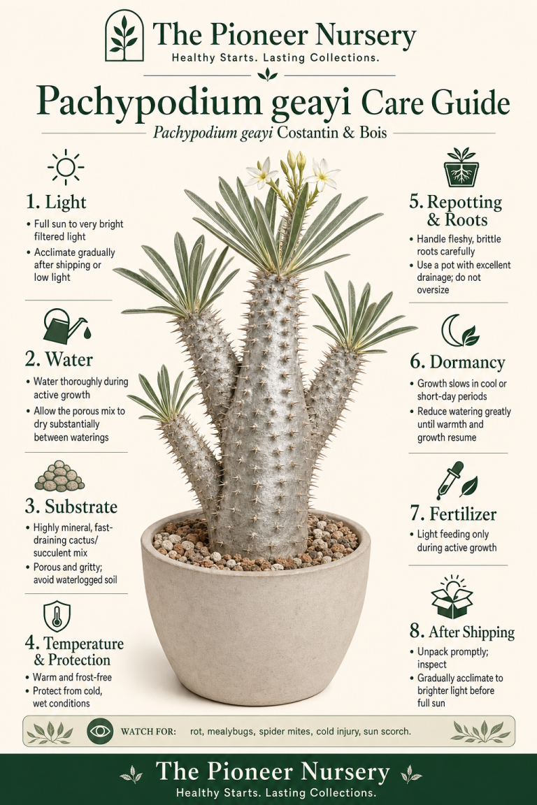 Pachypodium geayi with a metallic-grey, densely spined caudex-forming trunk and narrow grey-green leaves in a vertical care guide infographic.