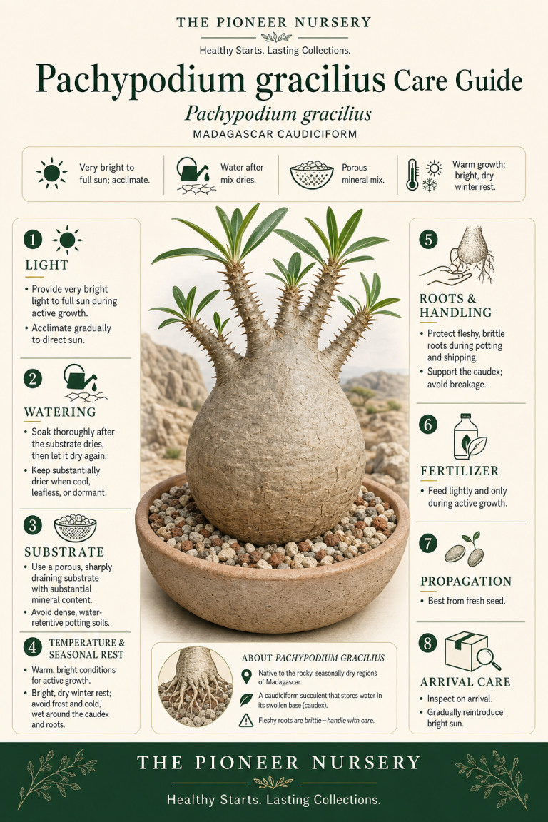 Pachypodium gracilius caudiciform succulent with a swollen caudex in a porous mineral substrate