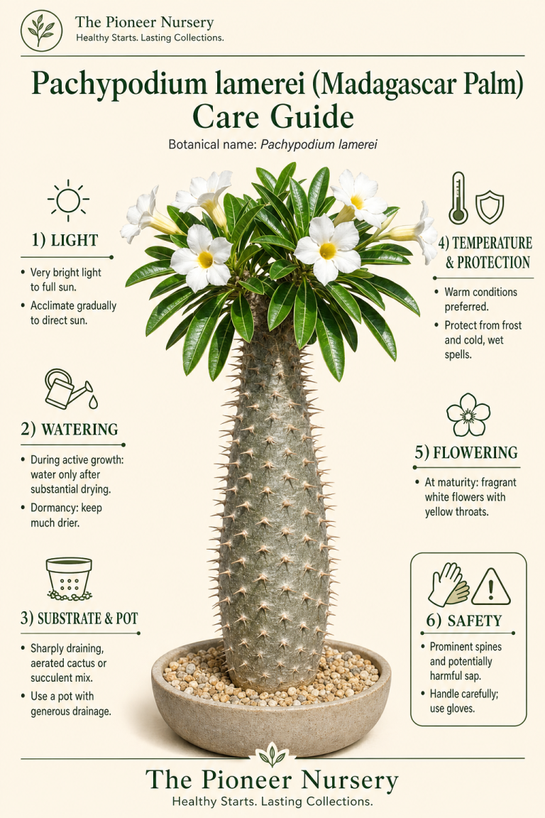 Pachypodium lamerei Madagascar palm care guide showing its swollen spiny trunk, narrow leaves, and white flowers with yellow throats.
