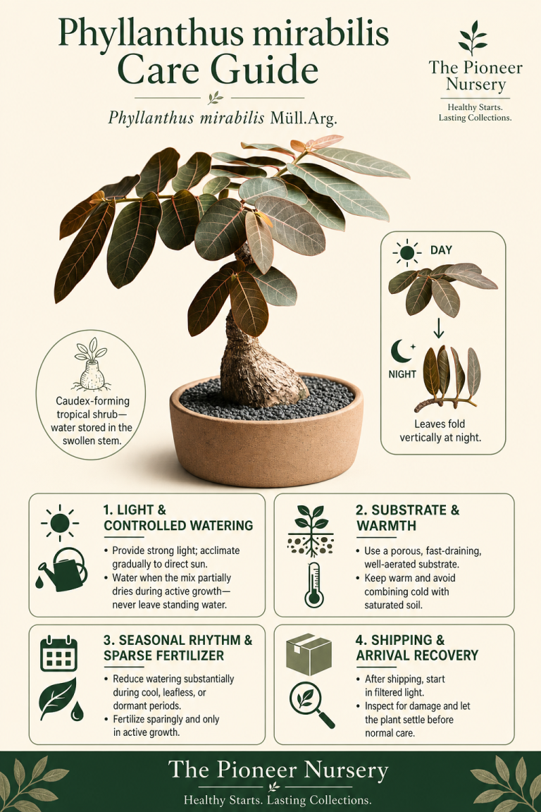 Phyllanthus mirabilis caudex plant care infographic showing its swollen succulent stem, leafy branches, strong-light needs, controlled watering, fast drainage, and nighttime leaf folding.