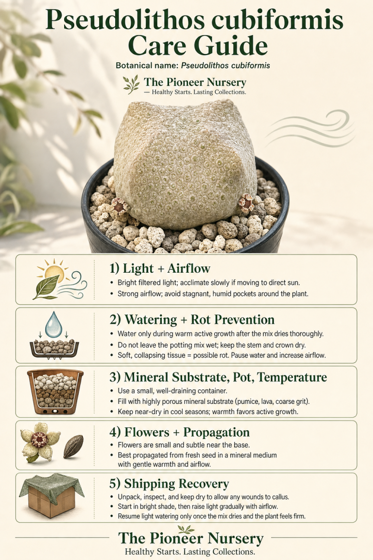 Pseudolithos cubiformis care guide showing its solitary cube-shaped succulent stem and key growing requirements