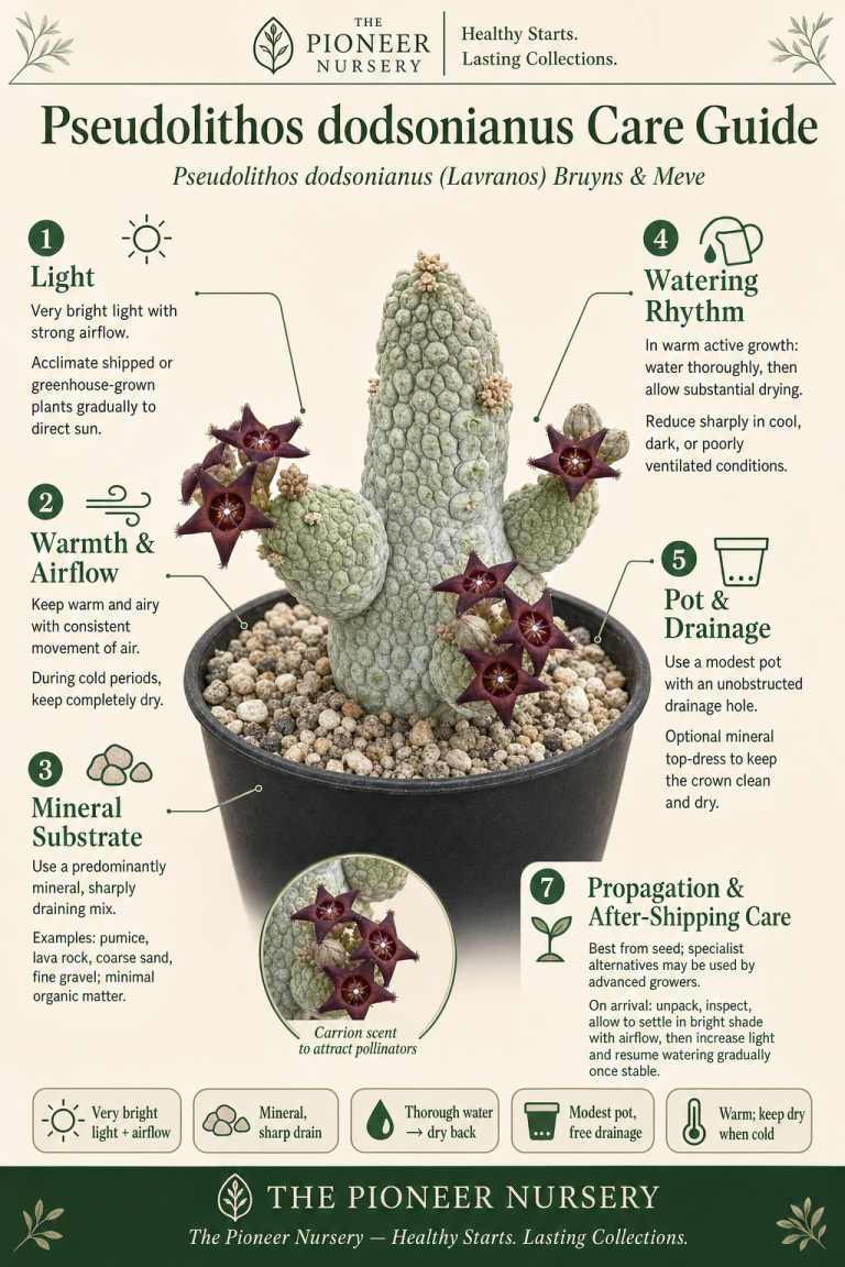 Pseudolithos dodsonianus care guide showing the compact succulent, bright light, mineral substrate, careful watering, airflow, and dark maroon carrion-scented flowers.