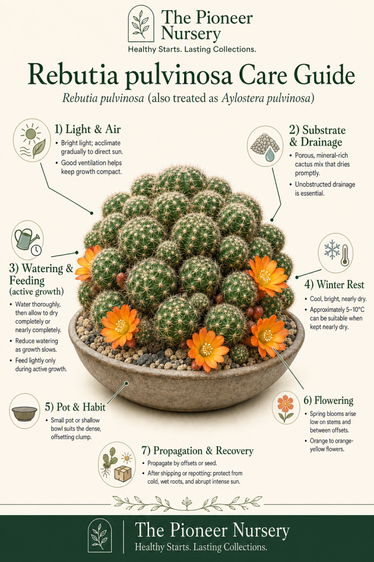Rebutia pulvinosa, a compact clumping cactus with orange-yellow basal flowers, shown with care guidance.