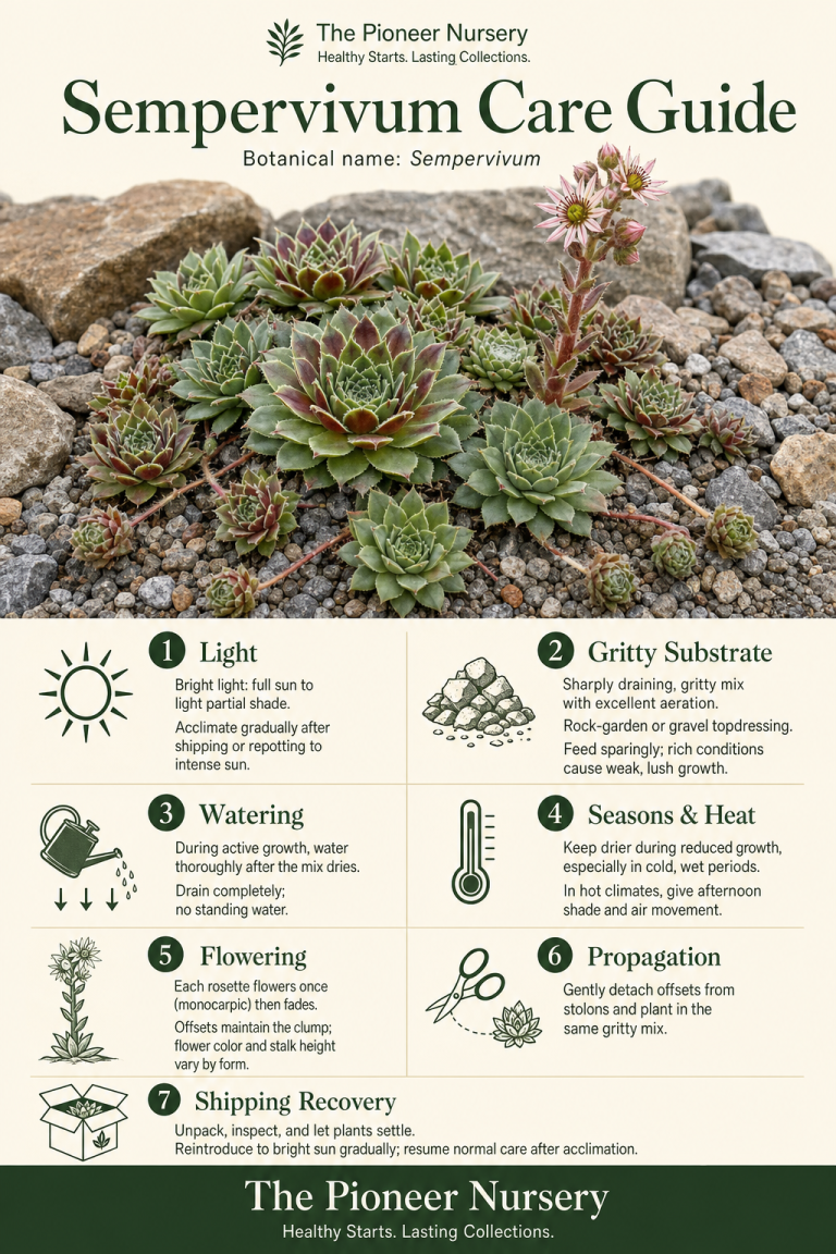 Sempervivum care guide showing compact rosettes and offsets in a gritty rock-garden setting with bright-light, watering, soil, temperature, flowering, and propagation care callouts.