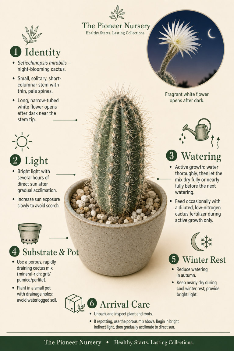 Setiechinopsis mirabilis night-blooming cactus with a slender white flower and concise illustrated care guidance for light, watering, substrate, winter rest, and arrival.