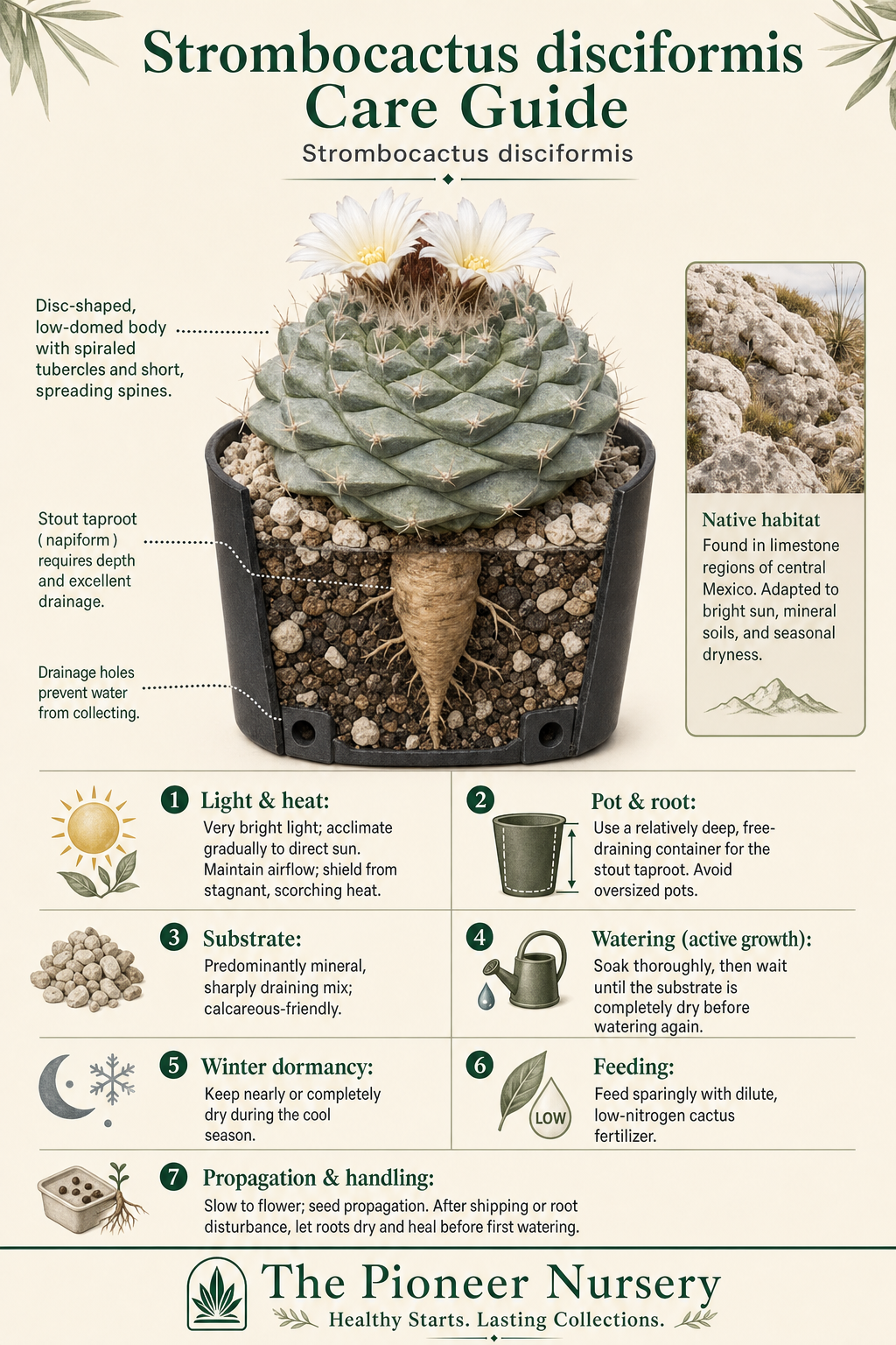 Strombocactus disciformis care guide showing its flattened form, stout taproot, bright-light needs, mineral substrate, and dry winter rest.