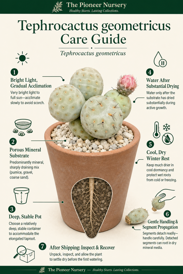Tephrocactus geometricus care guide showing its rounded segmented form, deep pot, mineral substrate, bright light, cautious watering, and cool dry winter rest.
