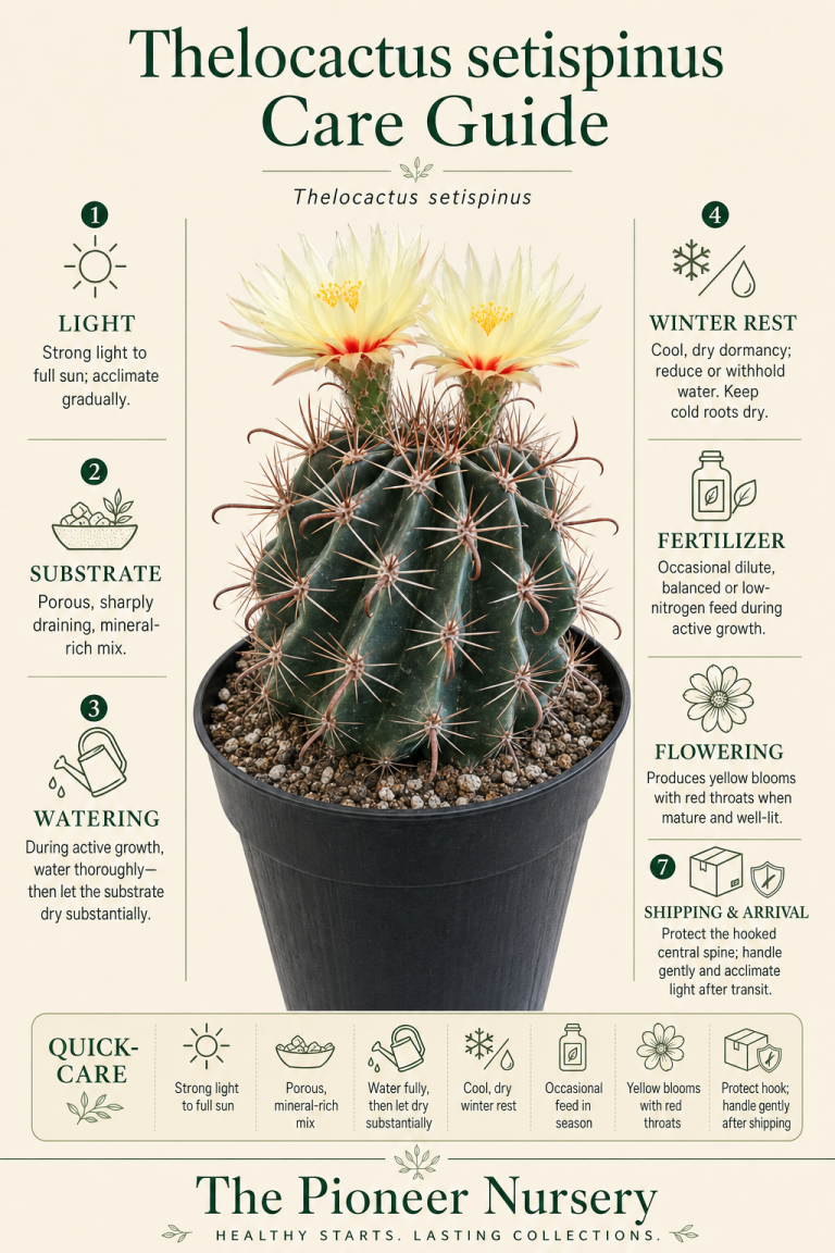 Thelocactus setispinus with hooked central spine and yellow flowers with red throats, shown in a vertical cactus care guide infographic.
