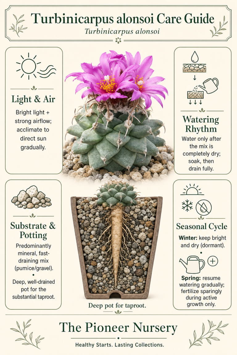 Turbinicarpus alonsoi with a woolly crown and rose-magenta flowers shown in a vertical care guide infographic.