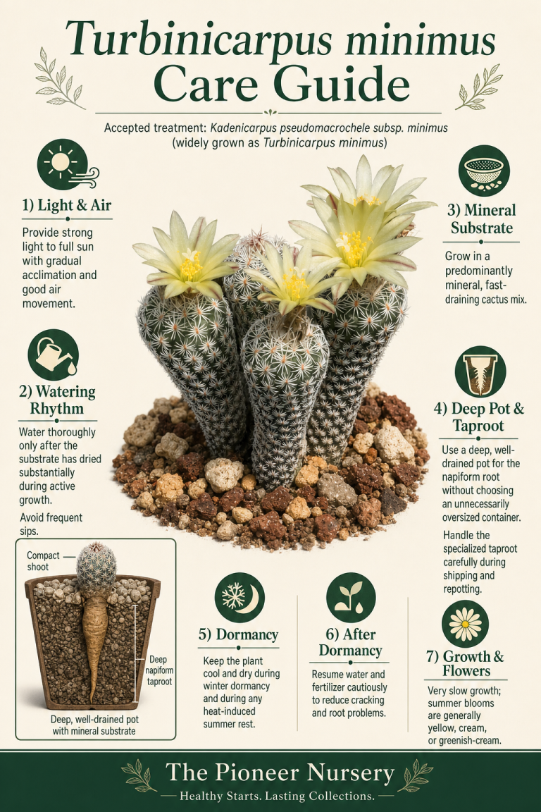 Turbinicarpus minimus, also treated as Kadenicarpus pseudomacrochele subsp. minimus, with a compact cactus body and deep napiform root illustrated in a care guide.