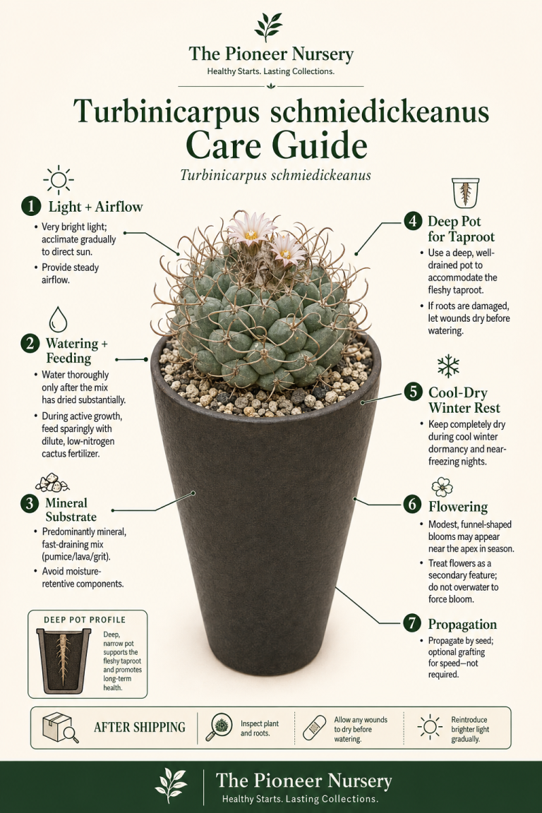 Turbinicarpus schmiedickeanus miniature cactus with compact growth and prominent spines, shown with mineral substrate and care guidance.