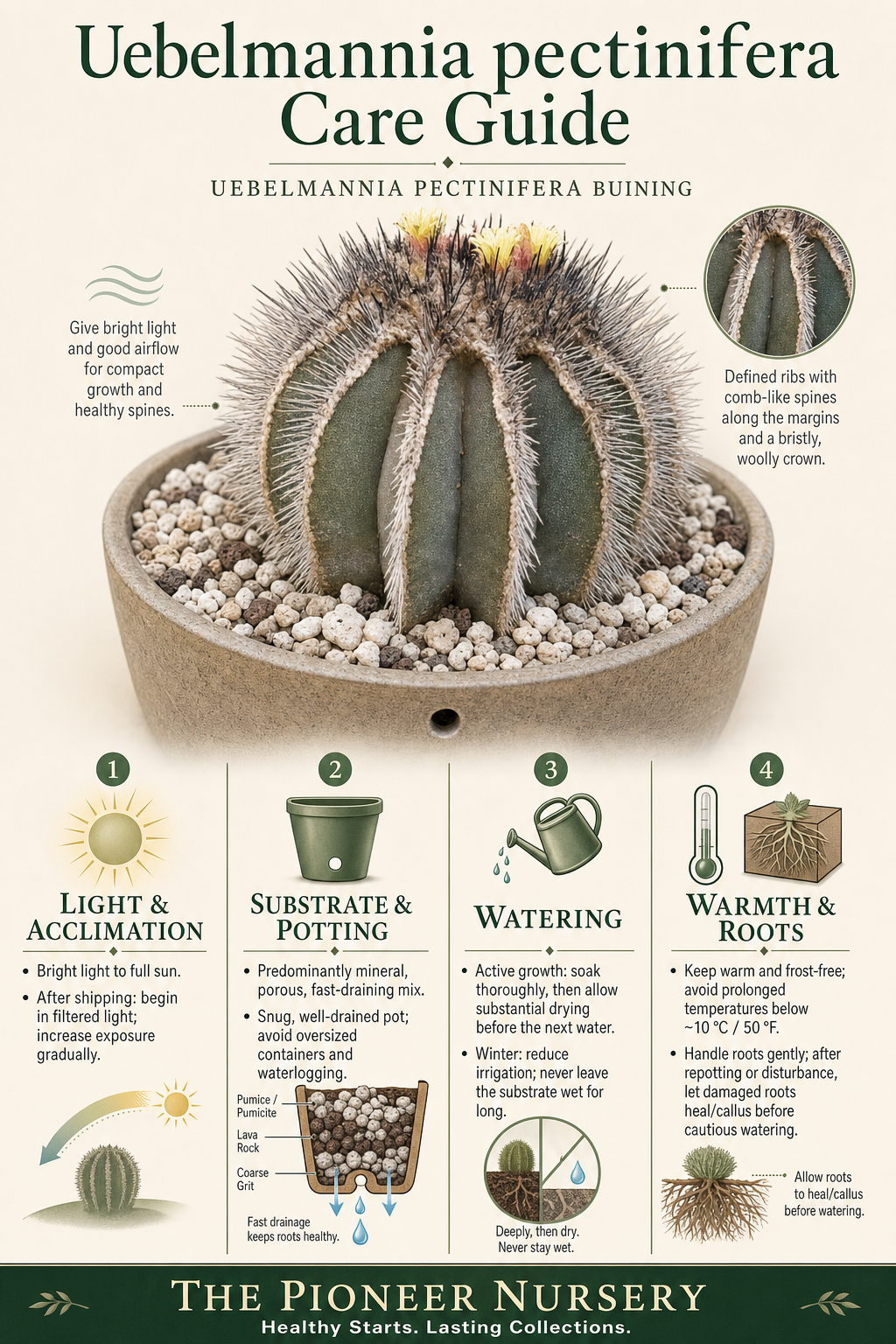 Uebelmannia pectinifera care guide showing the cactus with bright-light, watering, porous-substrate, warmth, and root-care guidance.