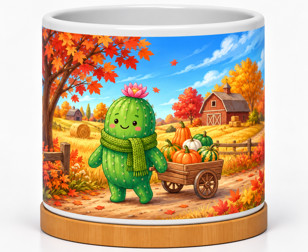 Cozy Autumn Cactus Harvest 4-Inch Ceramic Cactus Pot