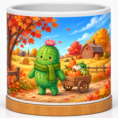 Cozy Autumn Cactus Harvest 4-Inch Ceramic Cactus Pot