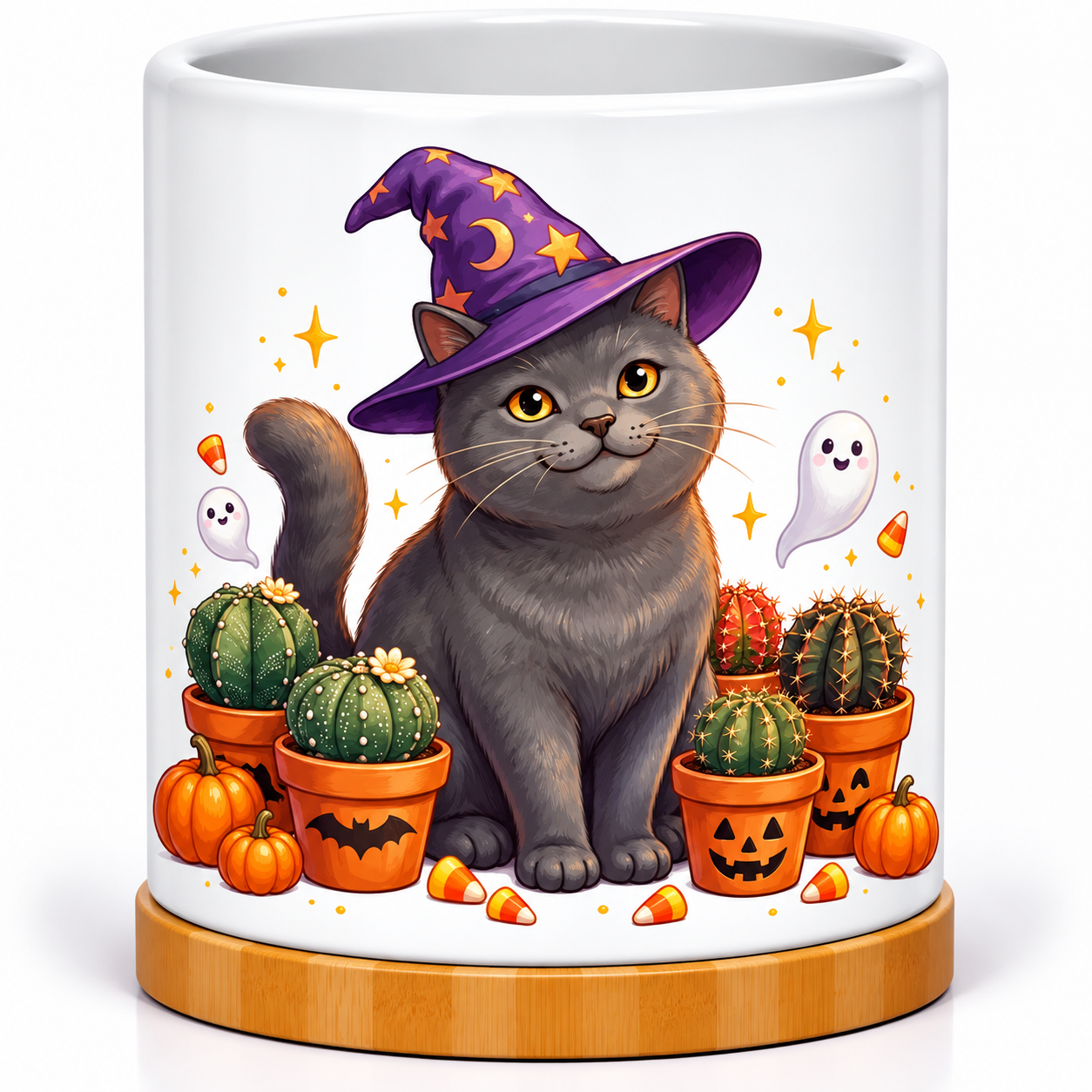 Cute Halloween Cat With Cacti And Ghosts 4-Inch Ceramic Cactus Pot