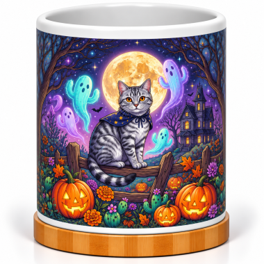 Moonlit Halloween Cat 4-Inch Ceramic Cactus Pot