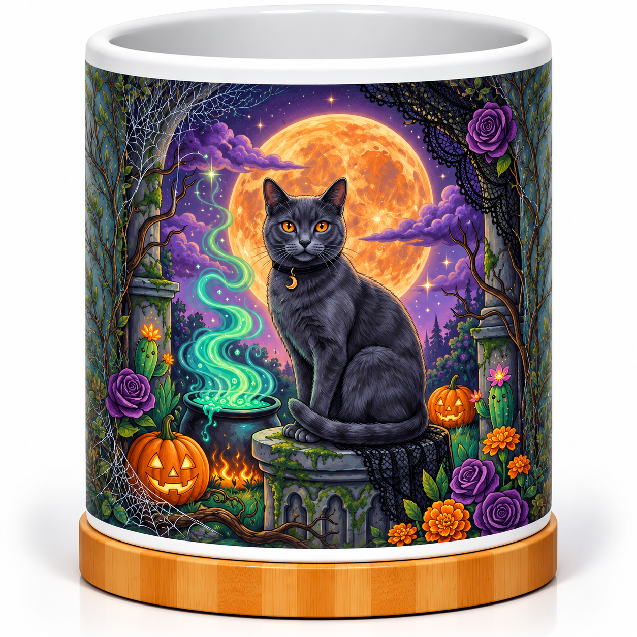Mystical Moonlit Halloween Cat 4-Inch Ceramic Cactus Pot