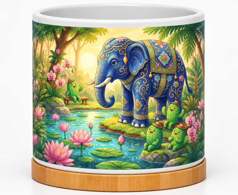 Ornate Elephant Lotus Garden 4-Inch Ceramic Cactus Pot
