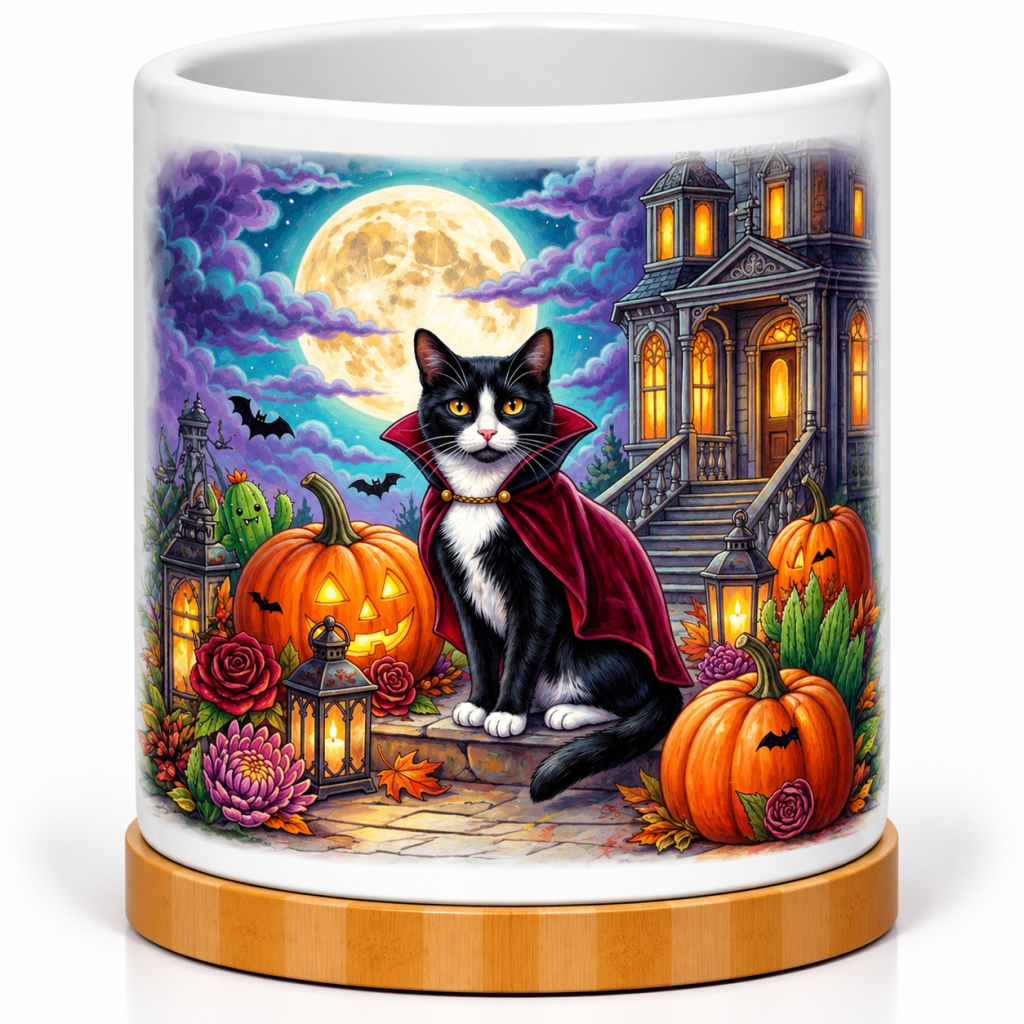 Vampire Cat Halloween 4-Inch Ceramic Cactus Pot