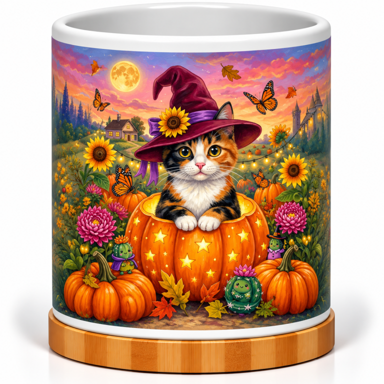 Whimsical Halloween Cat 4-Inch Ceramic Cactus Pot