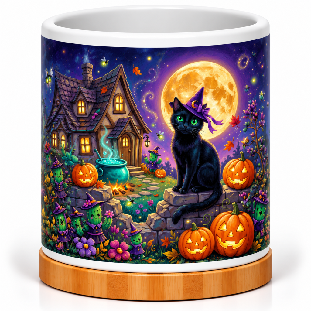 Whimsical Halloween Cat Witch 4-Inch Ceramic Cactus Pot