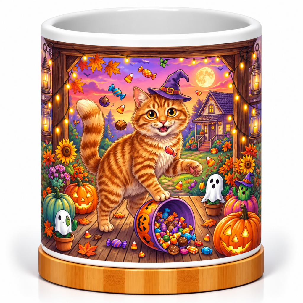 Witchy Cat’s Halloween Candy Porch 4-Inch Ceramic Cactus Pot