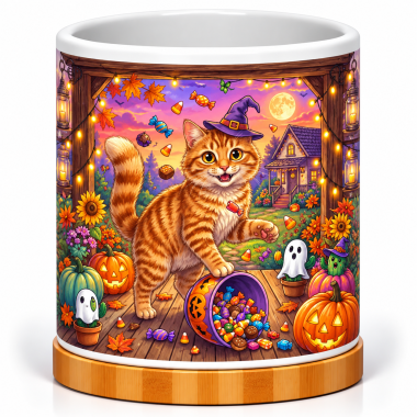 Witchy Cat’s Halloween Candy Porch 4-Inch Ceramic Cactus Pot